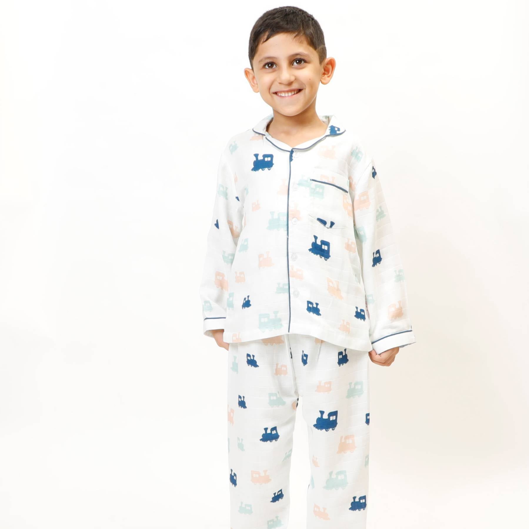 Ollie the Train (White) - Bamboo Muslin Night Suit Set