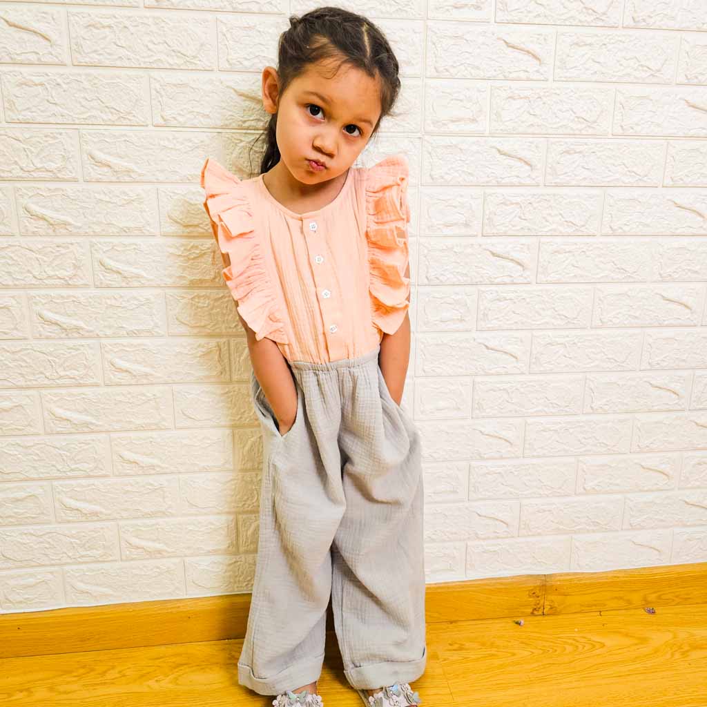 Crinkled Muslin Ruffled Sleeveless Jumpsuit - Pink & Grey