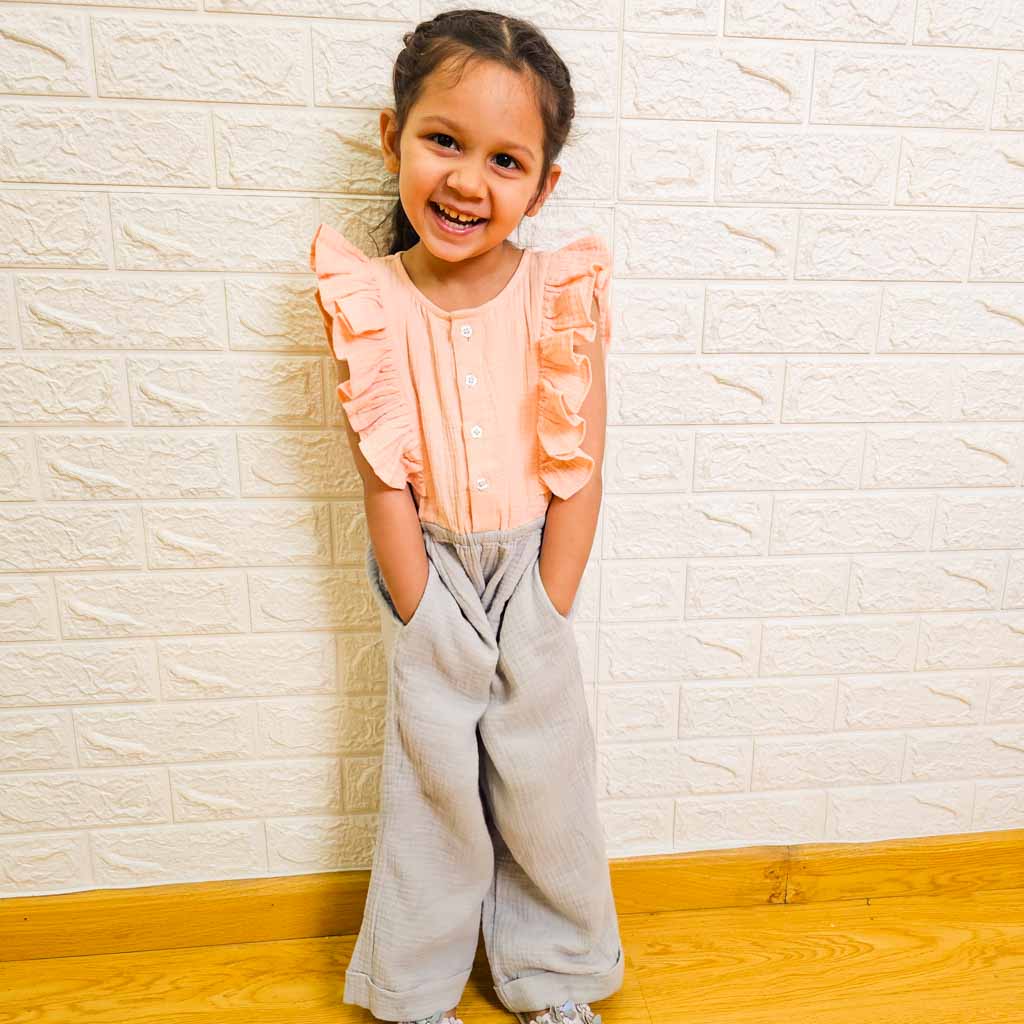 Crinkled Muslin Ruffled Sleeveless Jumpsuit - Pink & Grey