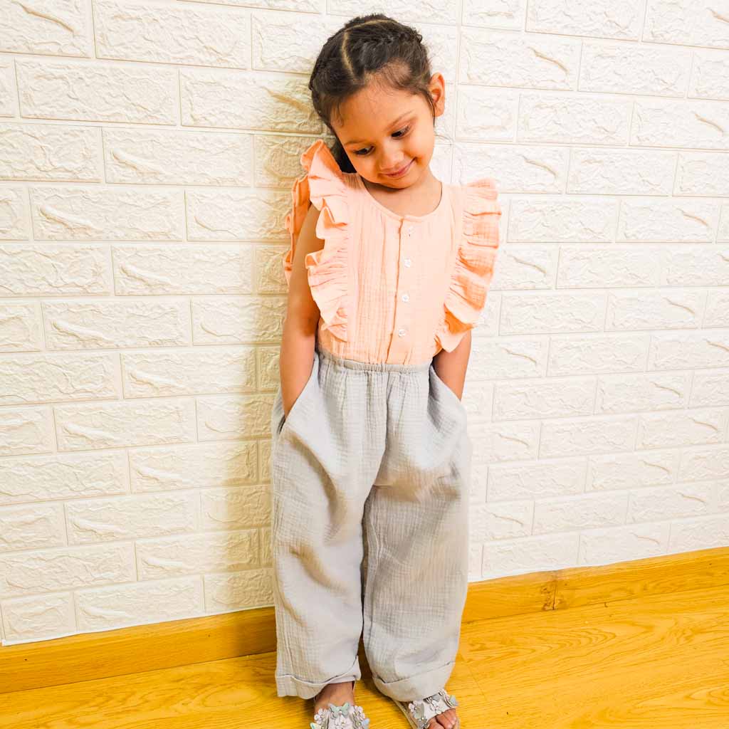Crinkled Muslin Ruffled Sleeveless Jumpsuit - Pink & Grey