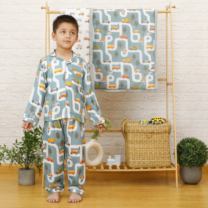 Transport City- Bamboo Muslin Night Suit Set