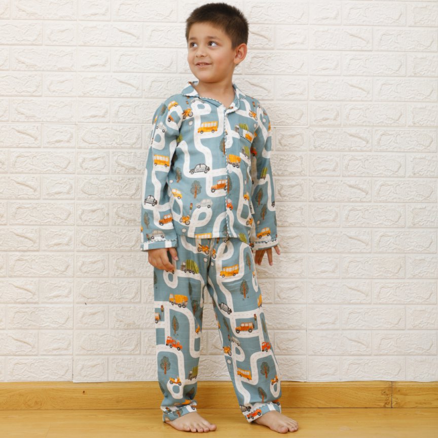 Transport City- Bamboo Muslin Night Suit Set
