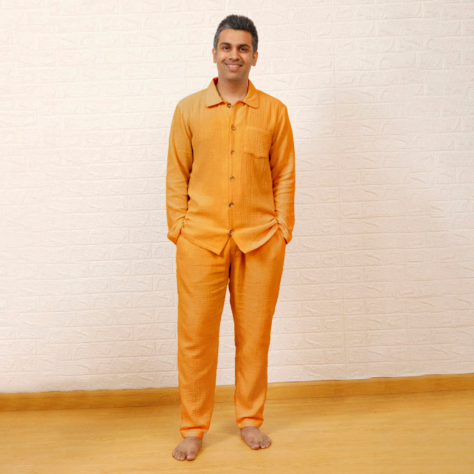 CRINKLED MUSLIN MEN'S NIGHTSUIT- MUSTARD