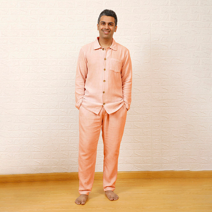 CRINKLED MUSLIN MEN'S NIGHTSUIT- PINK