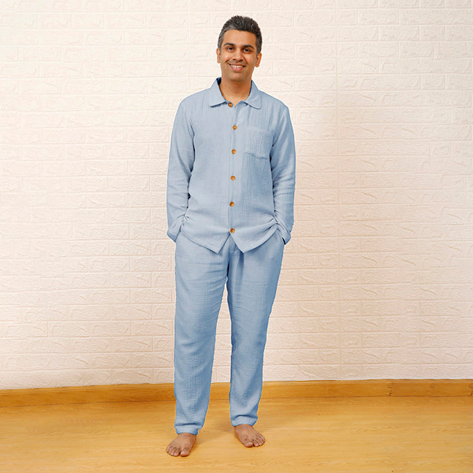 CRINKLED MUSLIN MEN'S NIGHTSUIT- STEEL BLUE