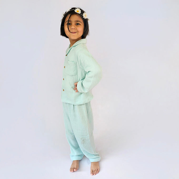 Light Mint Green - Crinkled Muslin Night Suit