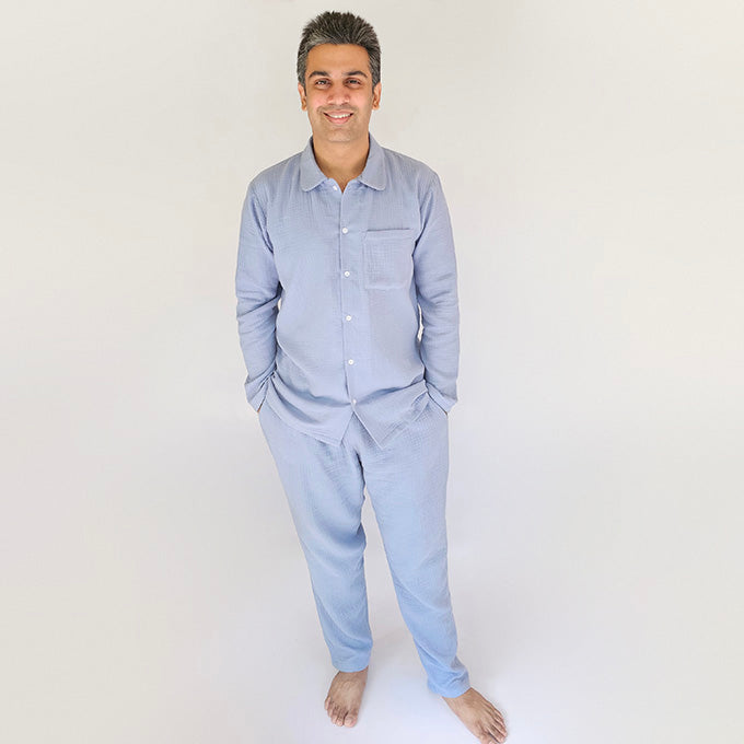 CRINKLED MUSLIN MEN'S NIGHTSUIT- STEEL BLUE