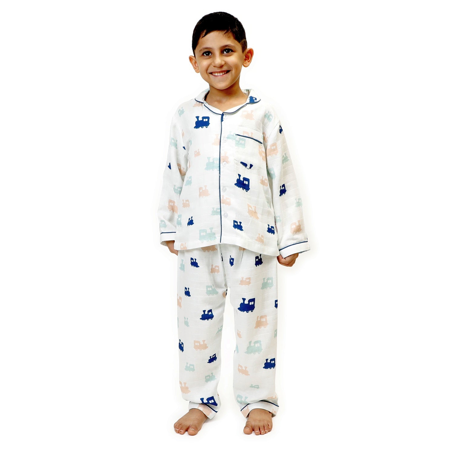 Ollie The Train (White)- Bamboo Muslin Night Suit Set