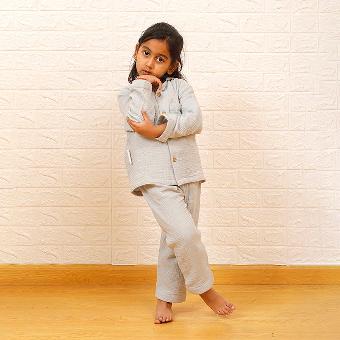 Grey - Crinkled Muslin Night Suit