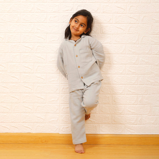 Grey - Crinkled Muslin Night Suit