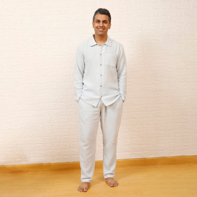 CRINKLED MUSLIN MEN'S NIGHTSUIT- SKY BLUE