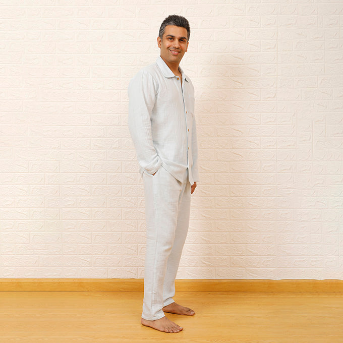 CRINKLED MUSLIN MEN'S NIGHTSUIT- SKY BLUE