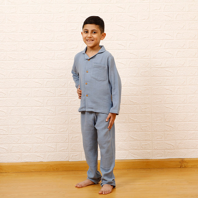 Steel Blue - Crinkled Muslin Night Suit