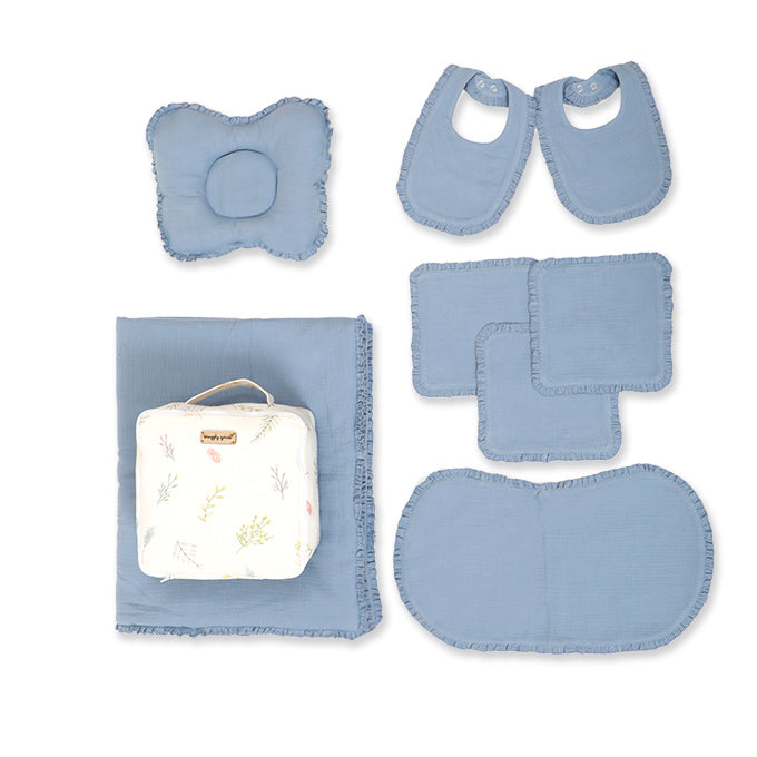 Crinkled Muslin New Born Set - Steel Blue