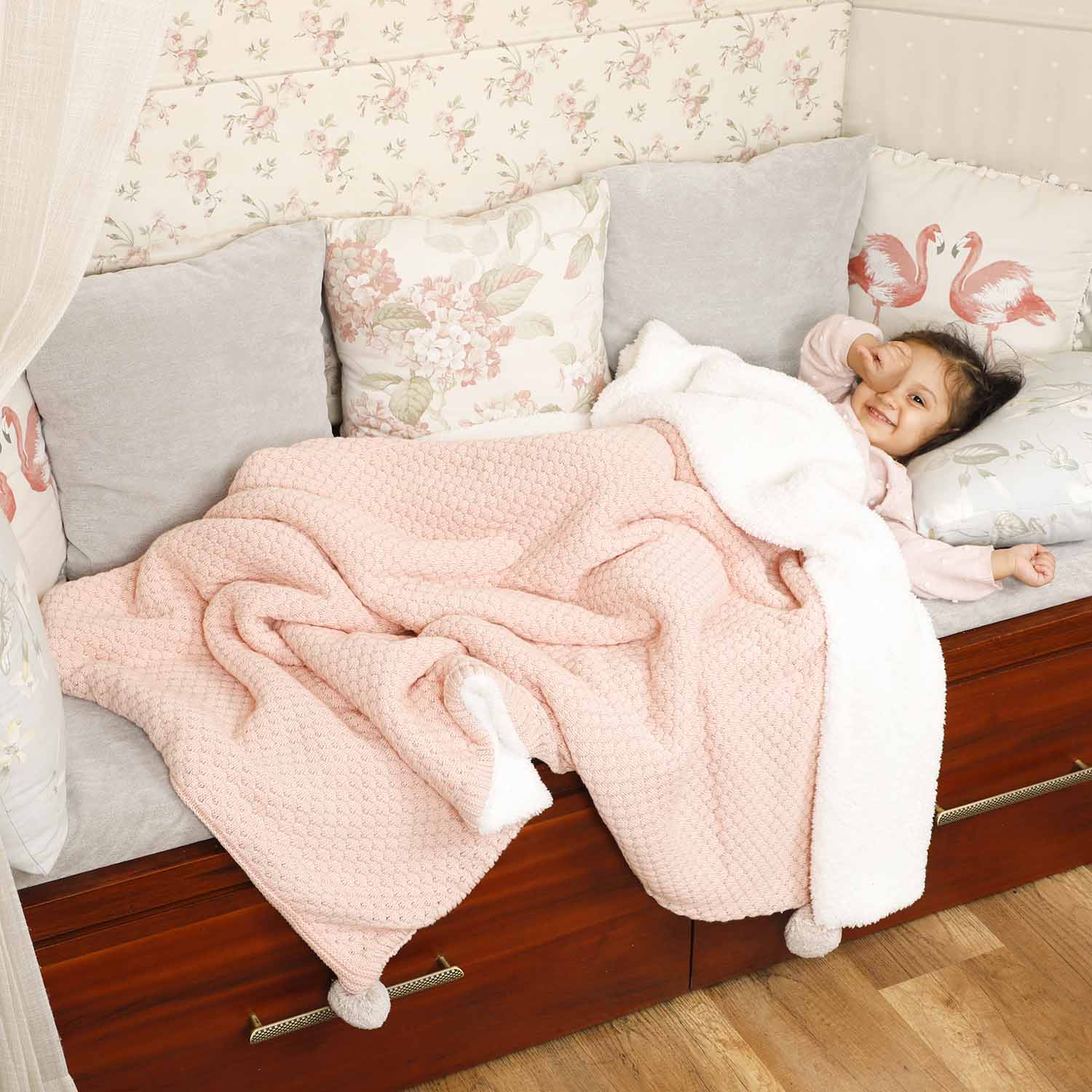 Snuggly Kids Winter Knitted Blanket with Sherpa - Coral Pink