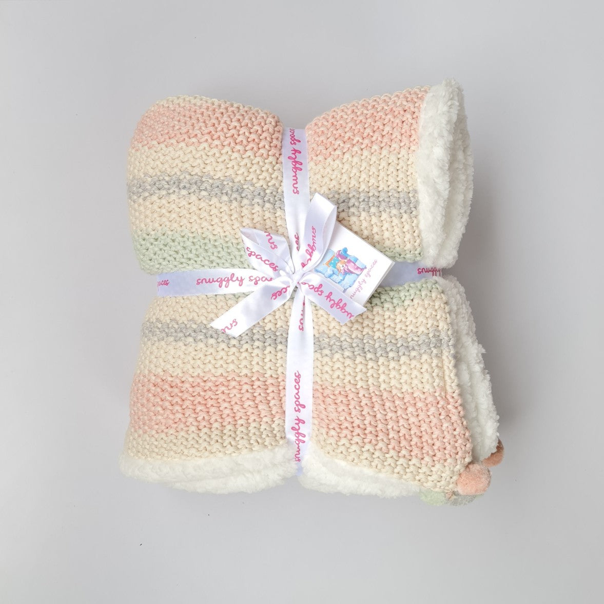 Snuggly Winter Knitted Blanket with Sherpa - Pastel Stripes