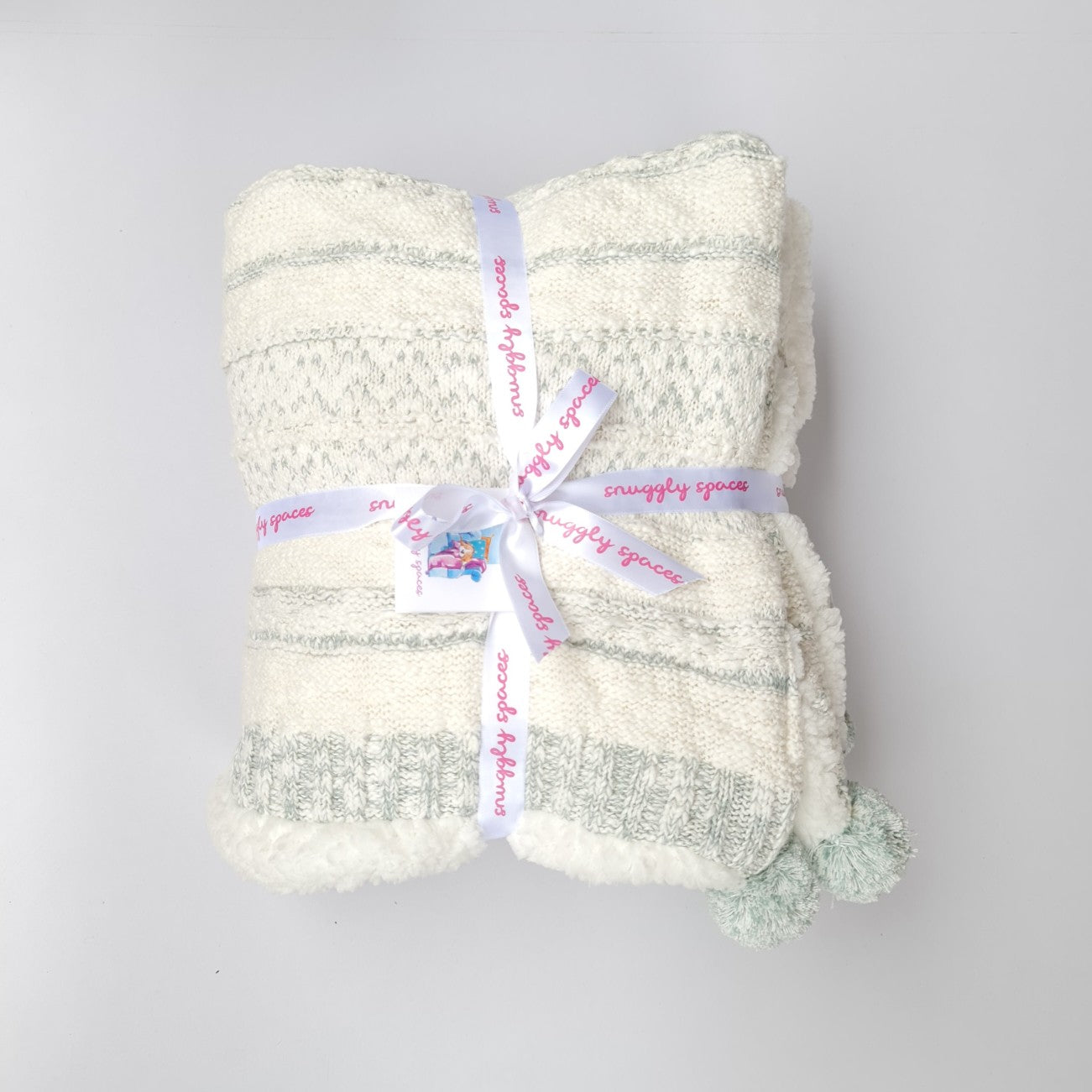 Snuggly Winter Knitted Blanket with Sherpa - White Sage