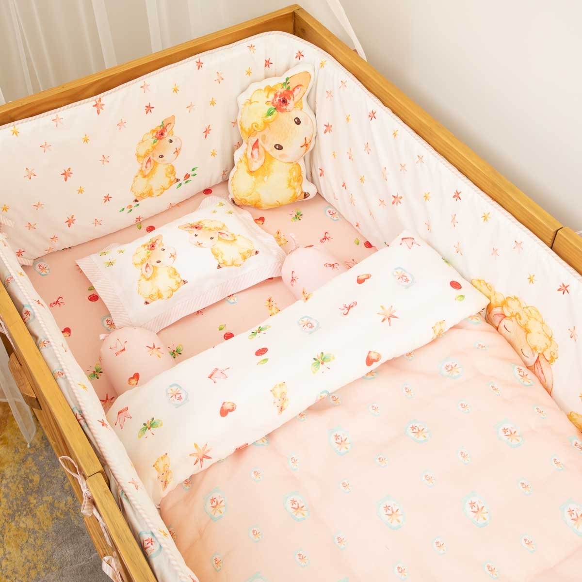 Fluffy the Sheep Cot Bedding Set with Bumper Pink