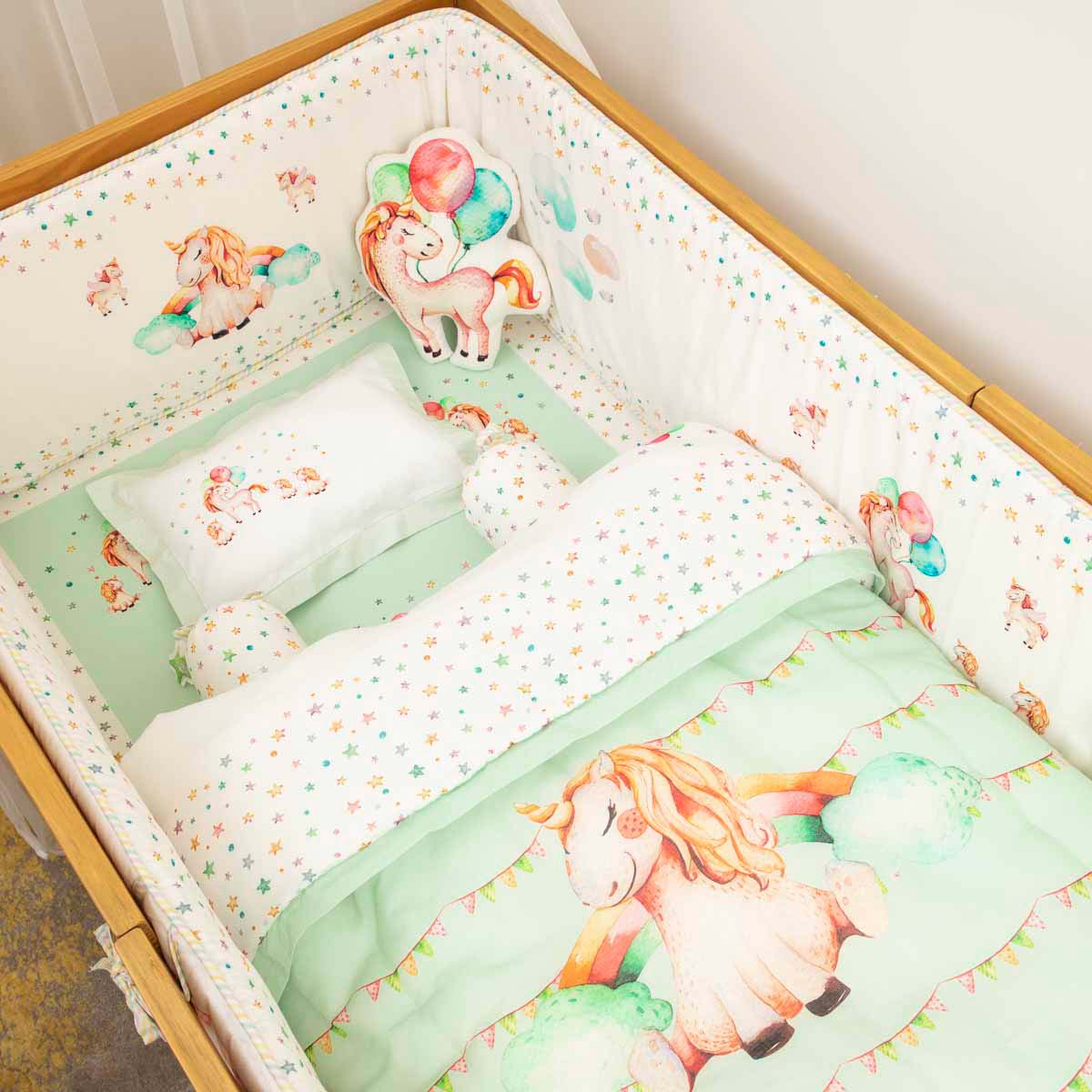 Miss Bella the Unicorn - Cot Bedding Set with Bumper - Green