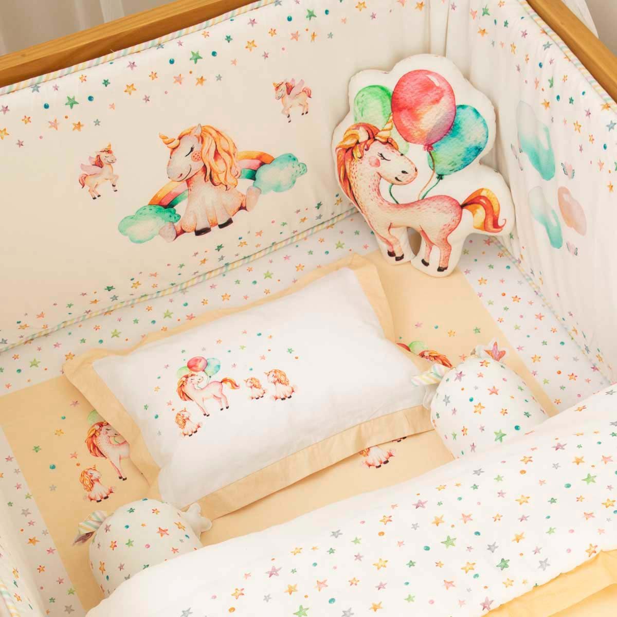 Miss Bella the Unicorn - Cot Bedding Set with Bumper - Peach