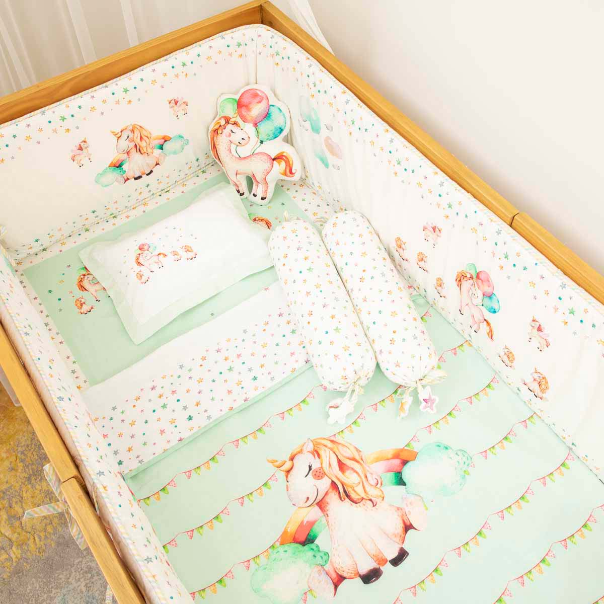 Miss Bella the Unicorn - Cot Bedding Set with Bumper - Green
