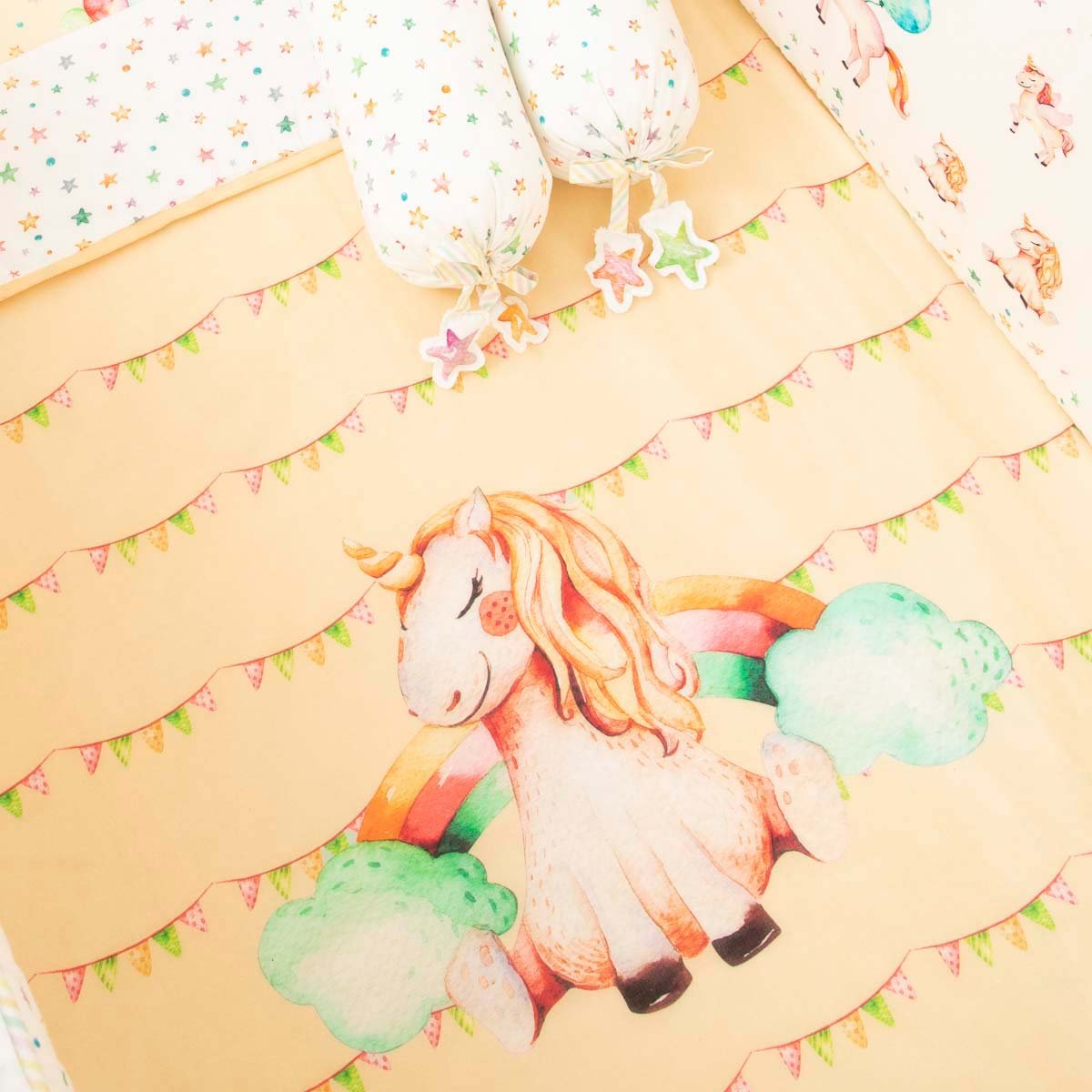Miss Bella the Unicorn - Cot Bedding Set with Bumper - Peach