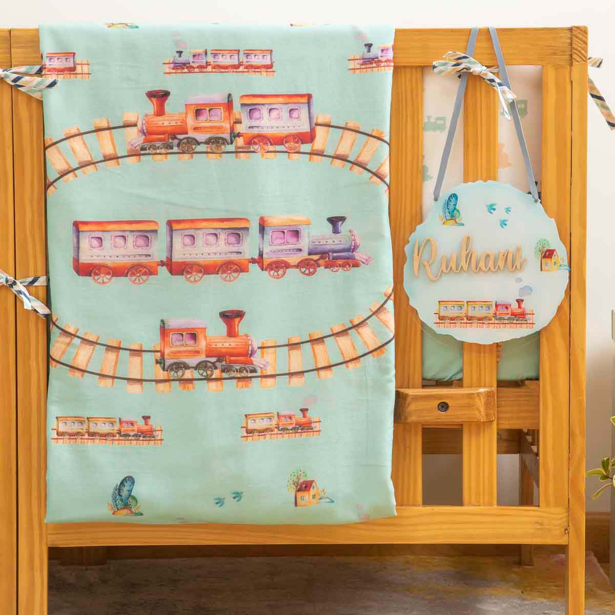 Ollie The Train - Cot Bedding Set with Bumper - Nevada Sky Blue
