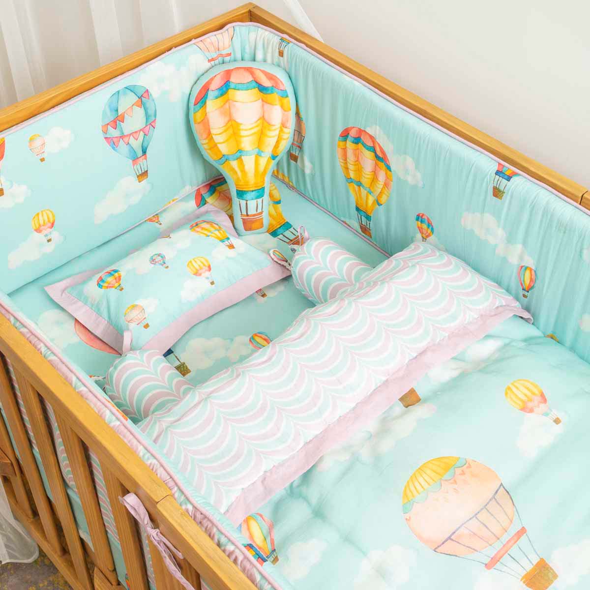 Cappadocia Hot Air Balloons Cot Bedding Set with Bumper Mint Green