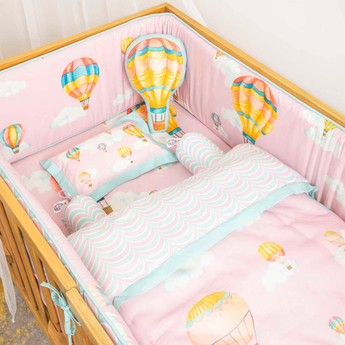 Cappadocia Hot Air Balloons - Cot Bedding Set with Bumper - Blush Pink