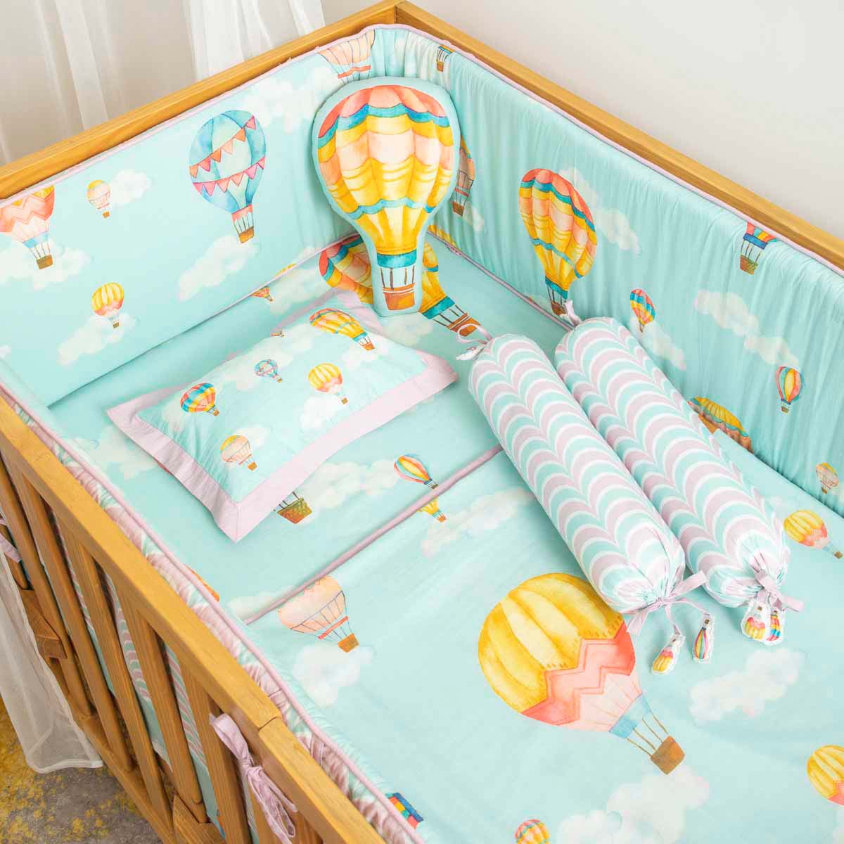 Cappadocia Hot Air Balloons - Cot Bedding Set with Bumper - Mint Green
